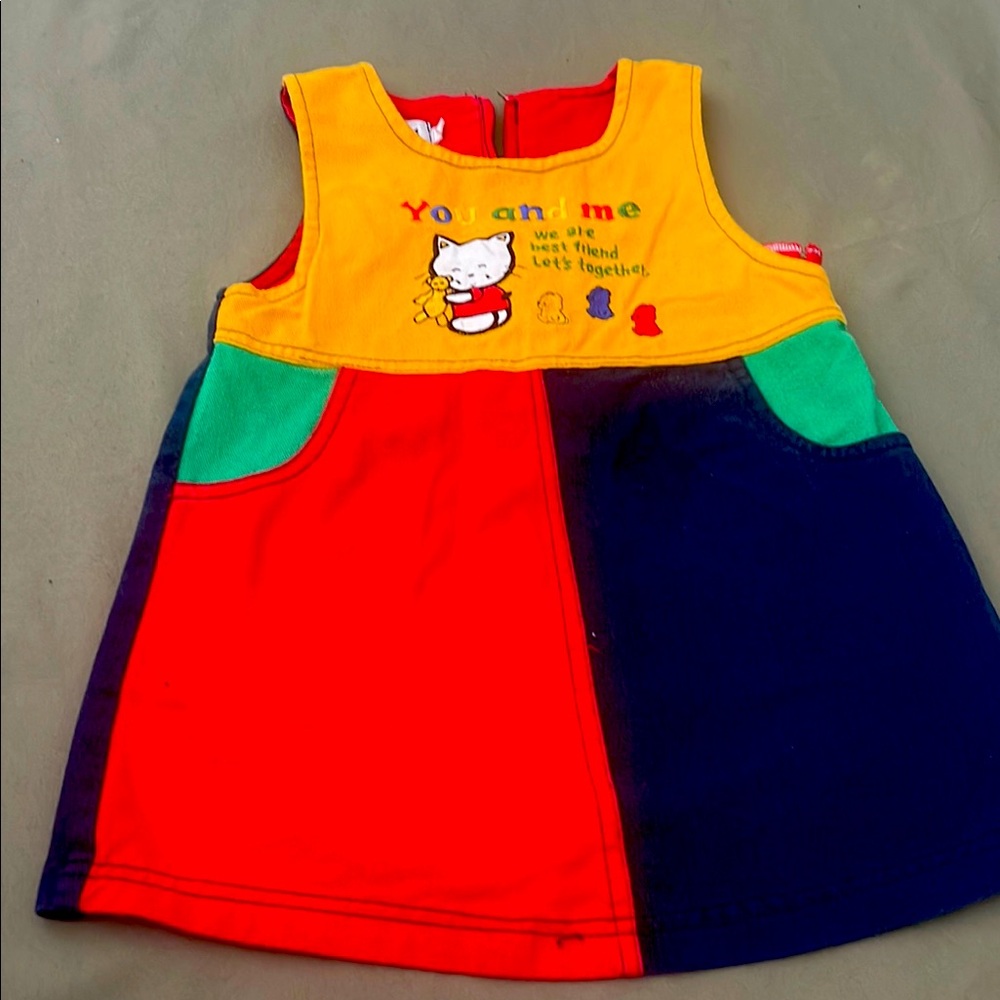 Yellow, Red & Blue embroidered Colorblock Kids Dress - Cute Kitty Design